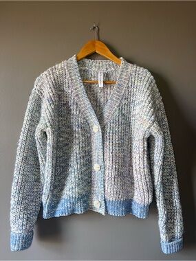 Grace + Karma Chunky V-Neck Button Cardigan Sweater - Light Blue/Multicolor